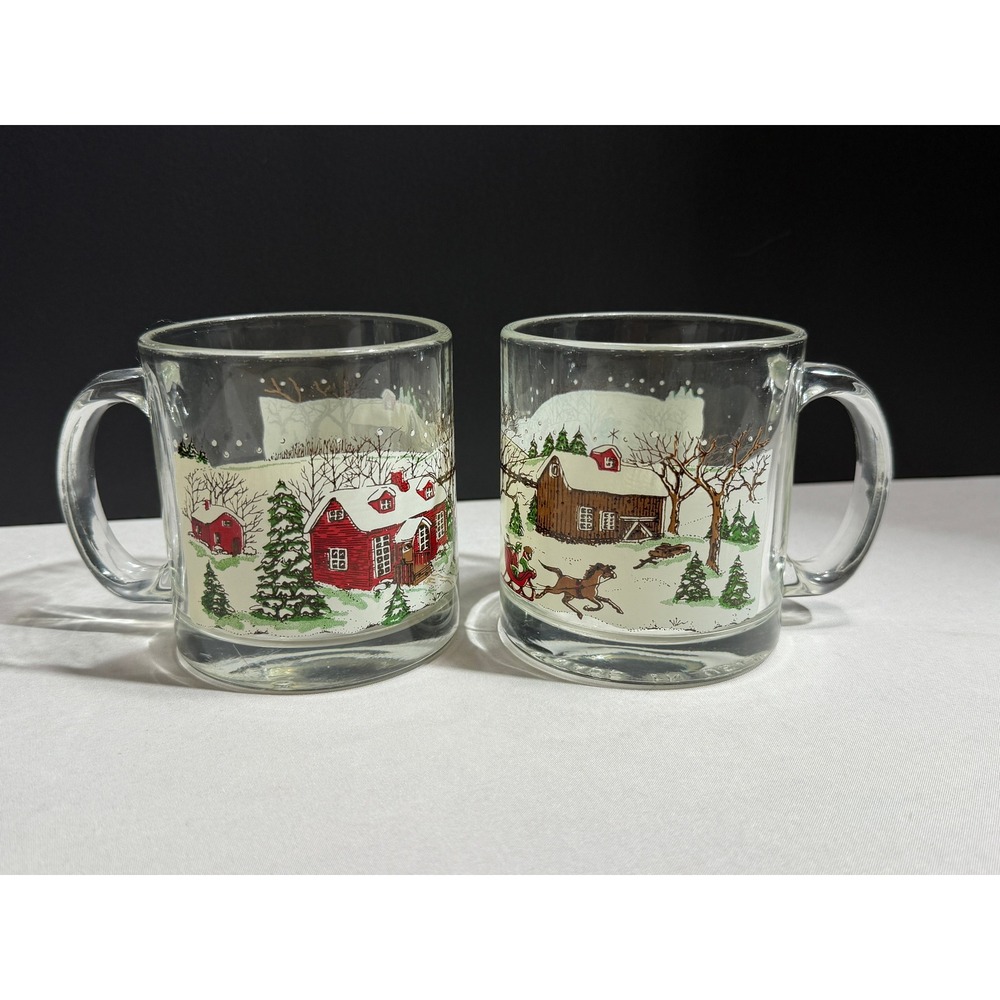 Vintage Libbey Winter Village Glass Mugs Set of 2 Christmas Sleigh Scene